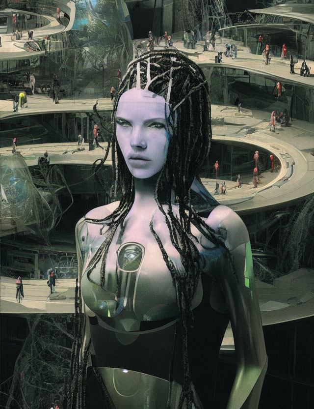 Futuristic humanoid robot with dreadlocks in busy sci-fi cityscape