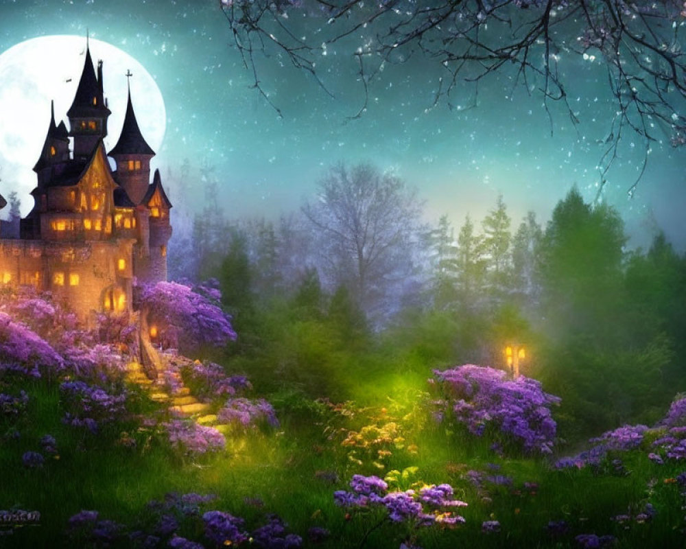 Moonlit fantasy castle in enchanted forest with glowing lights