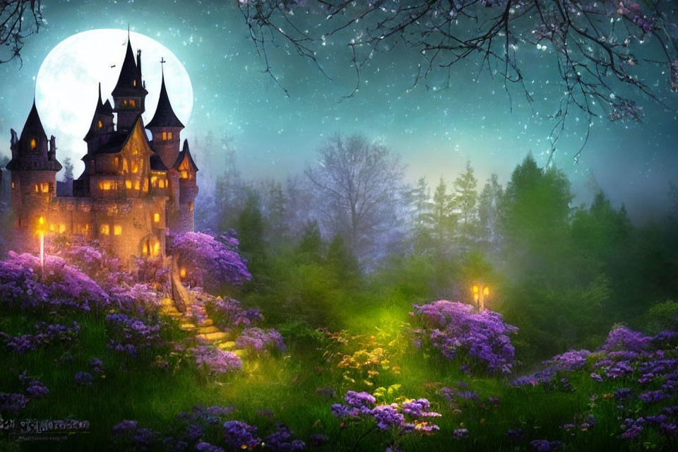 Moonlit fantasy castle in enchanted forest with glowing lights