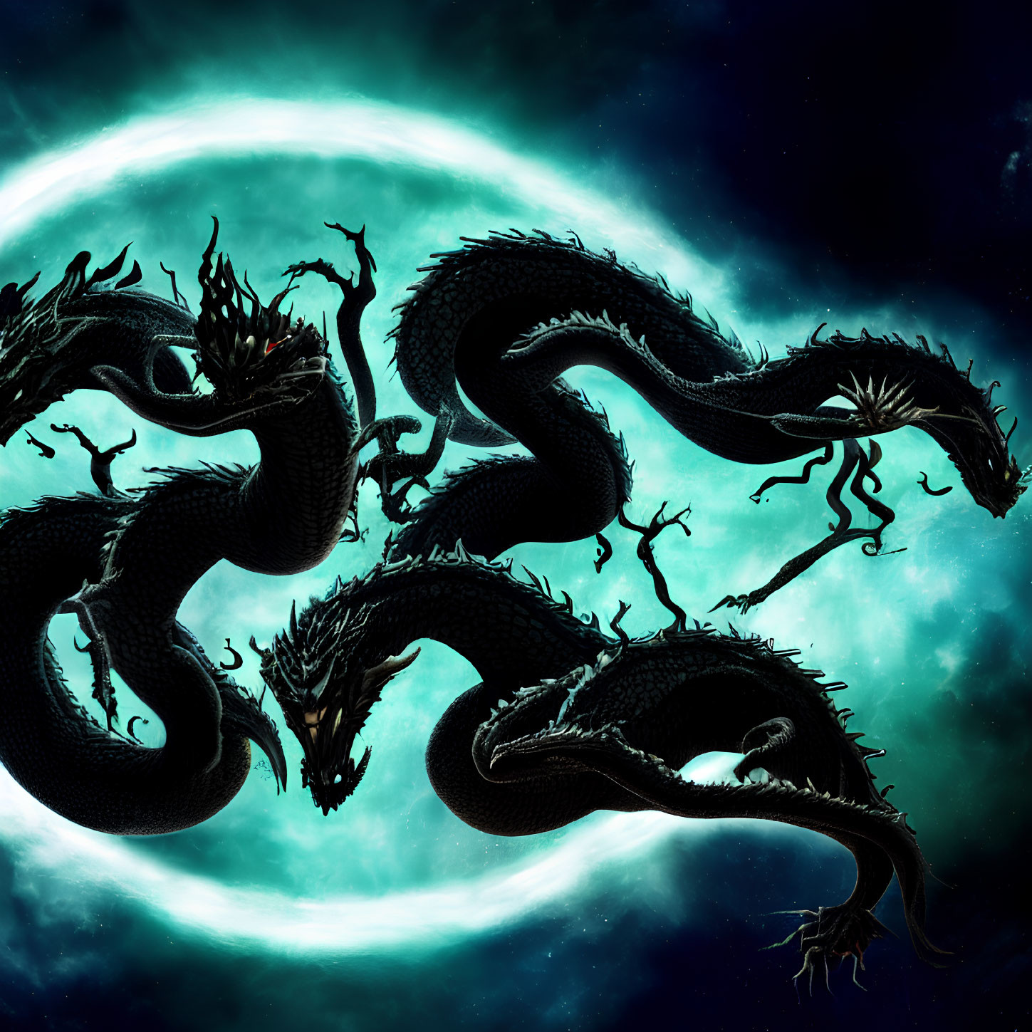 Multi-headed black dragon in mystical nebula with crescent moon