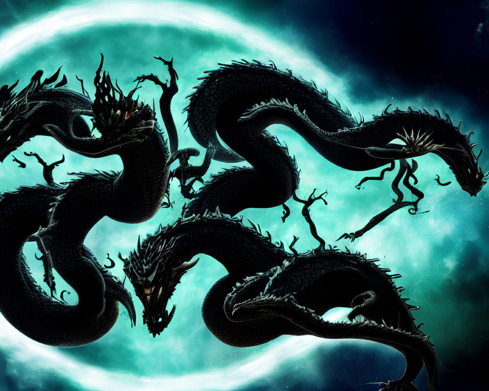 Multi-headed black dragon in mystical nebula with crescent moon