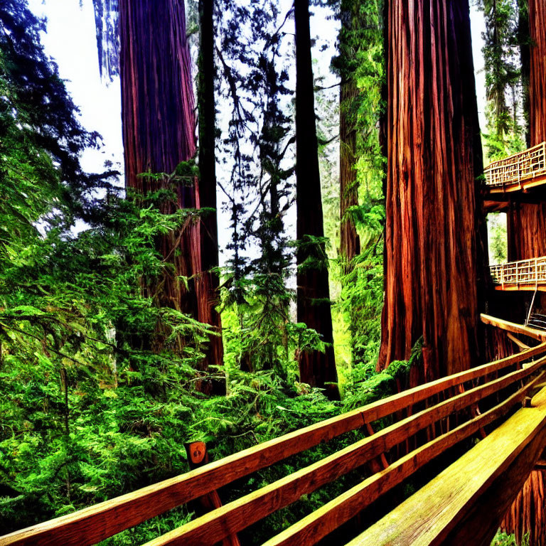 Lush forest scene with redwood trees and wooden walkway