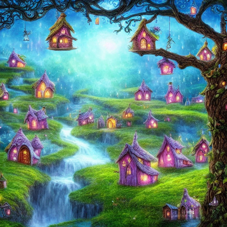 Whimsical village in rolling green hills with glowing houses, stream, and hanging lanterns