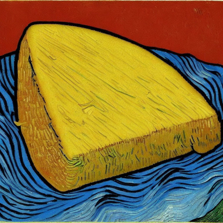 Yellow Cheese Painting on Blue and White Tablecloth with Red Background