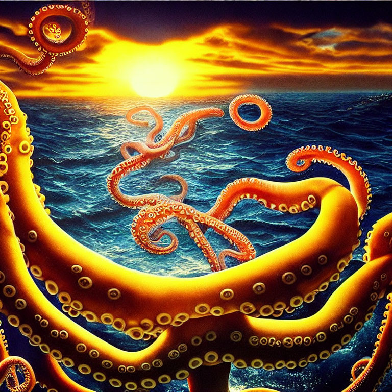 Giant Orange Octopus with Swirling Tentacles in Sunset Sea Scene