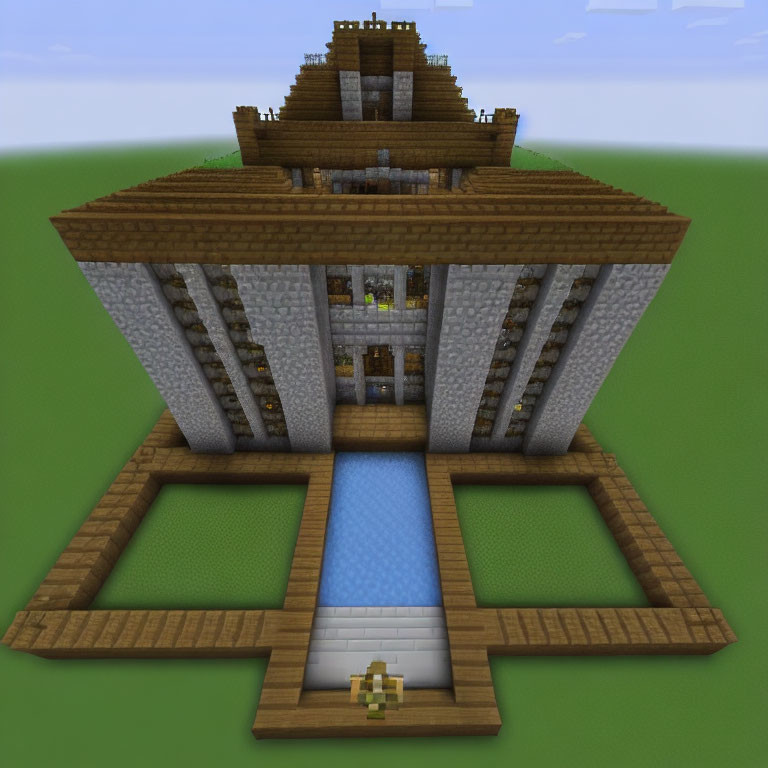 Pyramid-roofed Minecraft building with water feature and wooden walkways