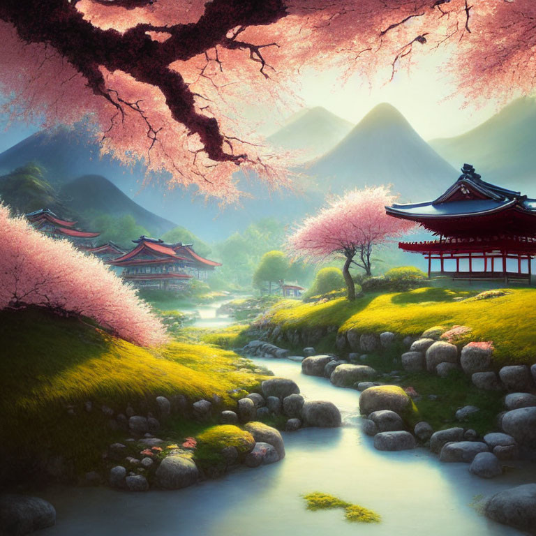 Traditional Japanese landscape with cherry blossoms, mountains, and stream.