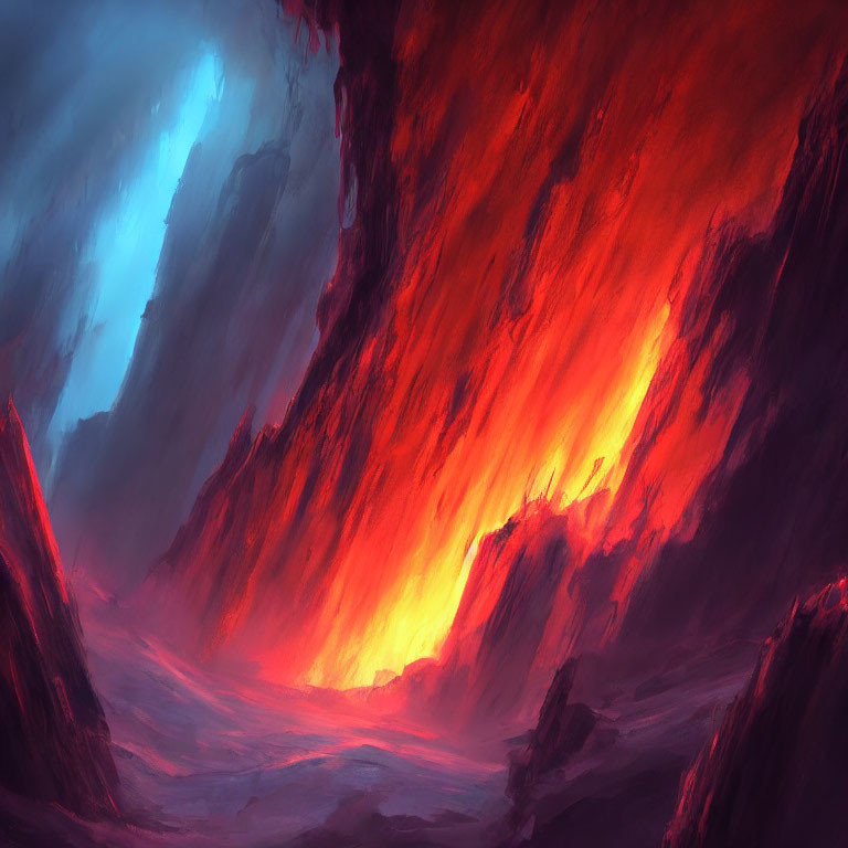 Dramatic volcanic landscape with fiery red and orange hues