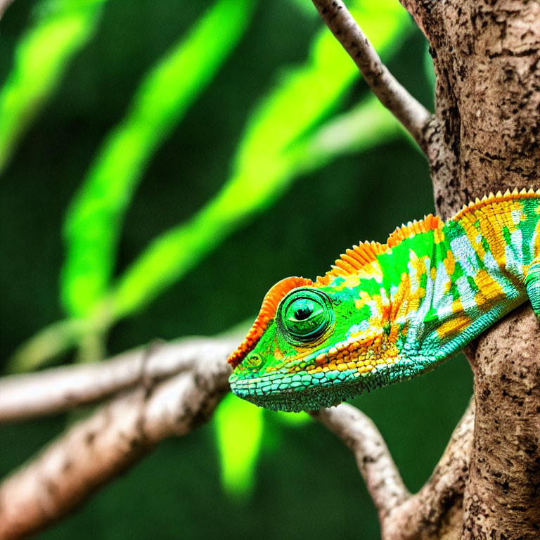 Colorful Chameleon Camouflaged on Branch in Lush Foliage