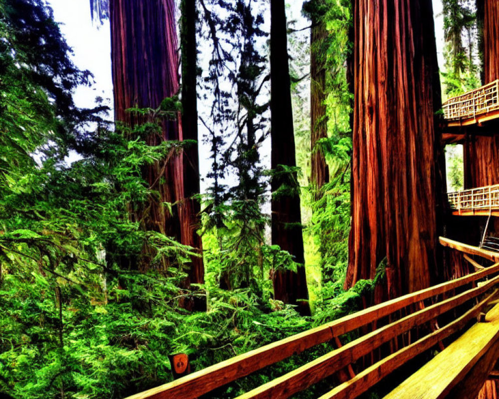 Lush forest scene with redwood trees and wooden walkway