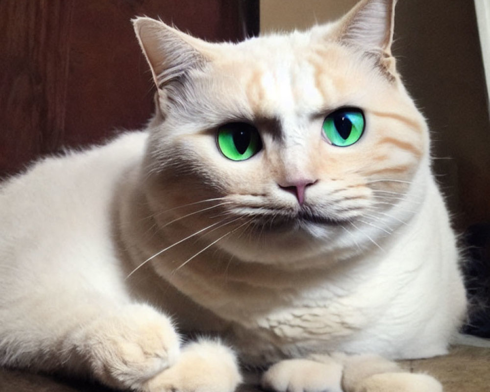 White Cat with Green Eyes Lounging on Wooden Floor