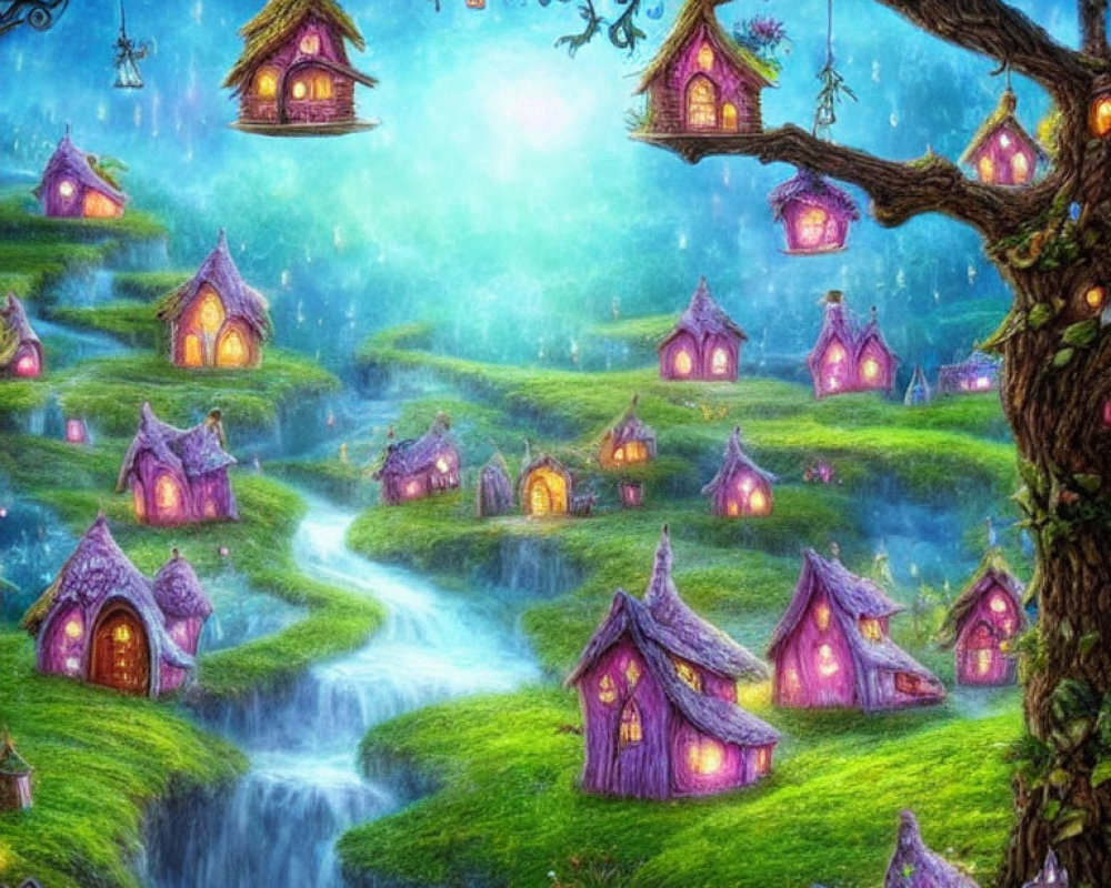 Whimsical village in rolling green hills with glowing houses, stream, and hanging lanterns