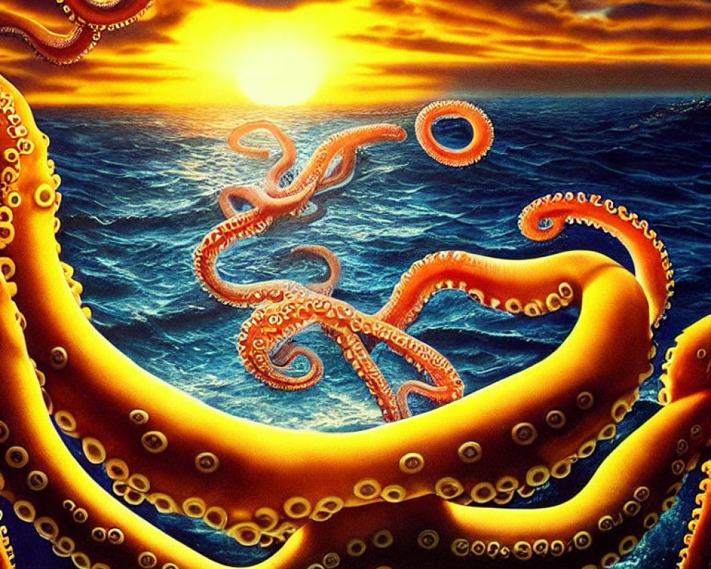 Giant Orange Octopus with Swirling Tentacles in Sunset Sea Scene