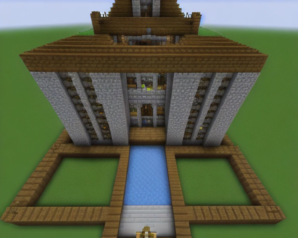 Pyramid-roofed Minecraft building with water feature and wooden walkways