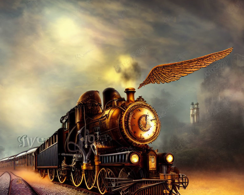 Winged clock design steam locomotive in misty golden-lit scene