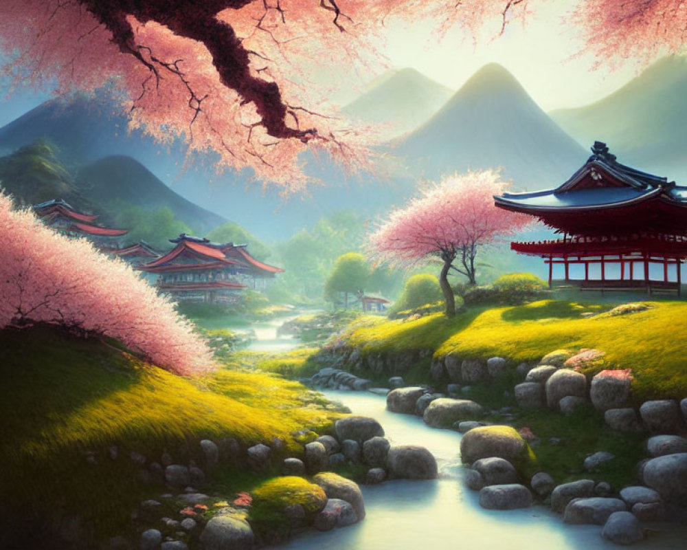 Traditional Japanese landscape with cherry blossoms, mountains, and stream.