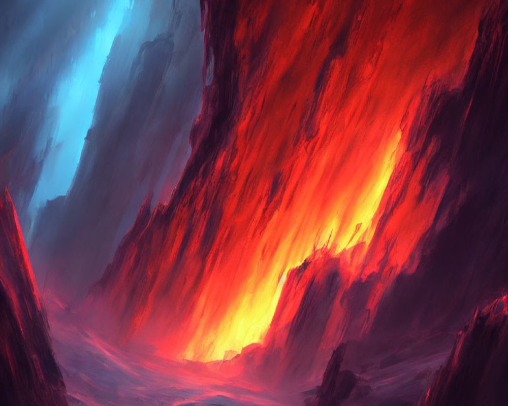 Dramatic volcanic landscape with fiery red and orange hues