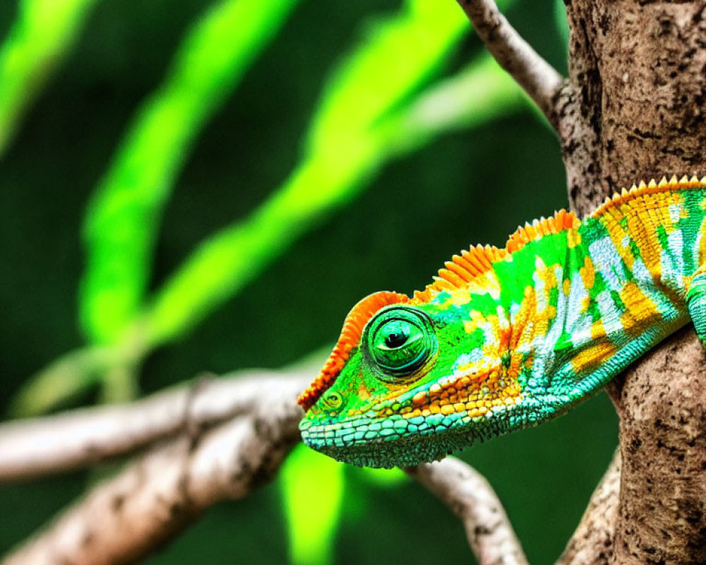 Colorful Chameleon Camouflaged on Branch in Lush Foliage