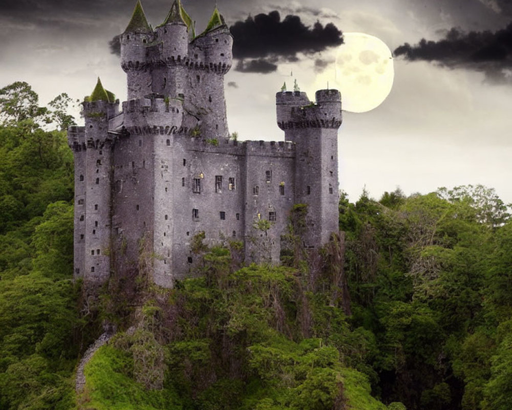 Stone castle with turrets in lush greenery under full moon.