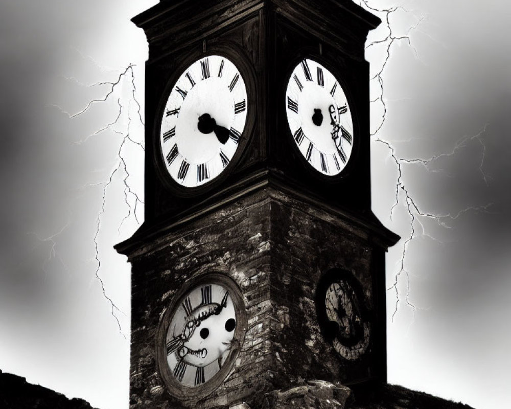 Monochrome image of old clock tower with four faces against stormy sky