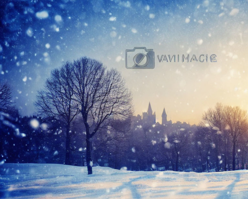 Tranquil winter park with falling snow and castle-like structure