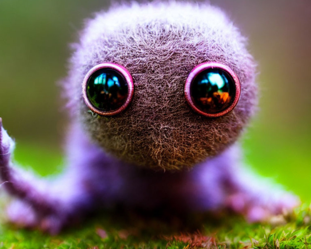 Purple plush toy with shiny eyes on mossy green surface