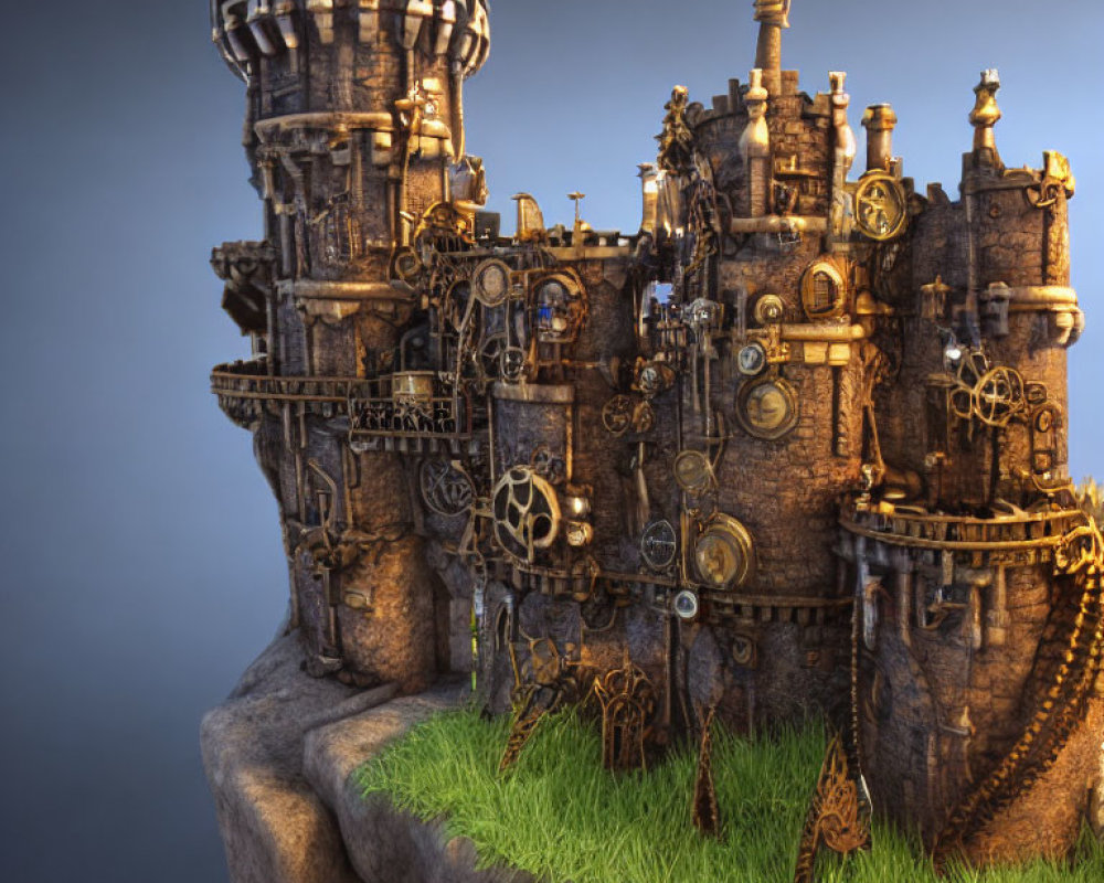 Steampunk-style castle with mechanical gears and pipes on cliff against blue background