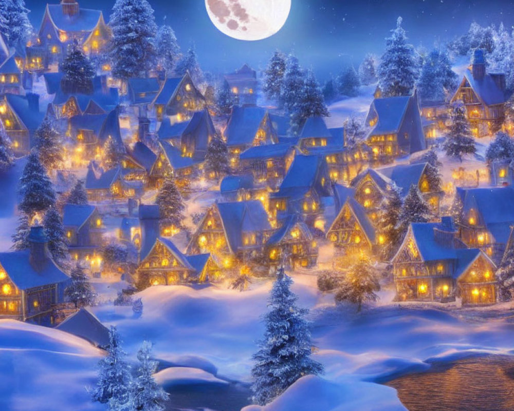 Snowy village night scene: lit houses, snow-covered trees, full moon.