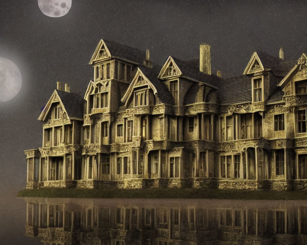 Eerie Victorian-style mansion at night with reflection on calm water under moonlit sky