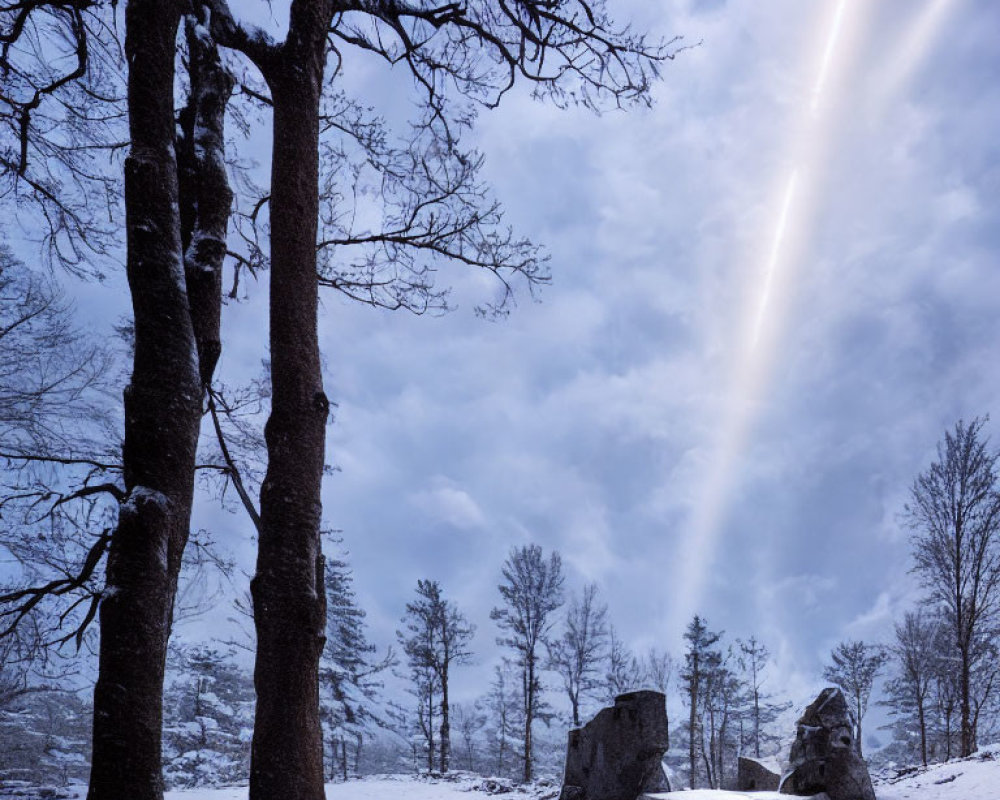 Winter landscape with snow, trees, rocks, and bright streak in cloudy sky