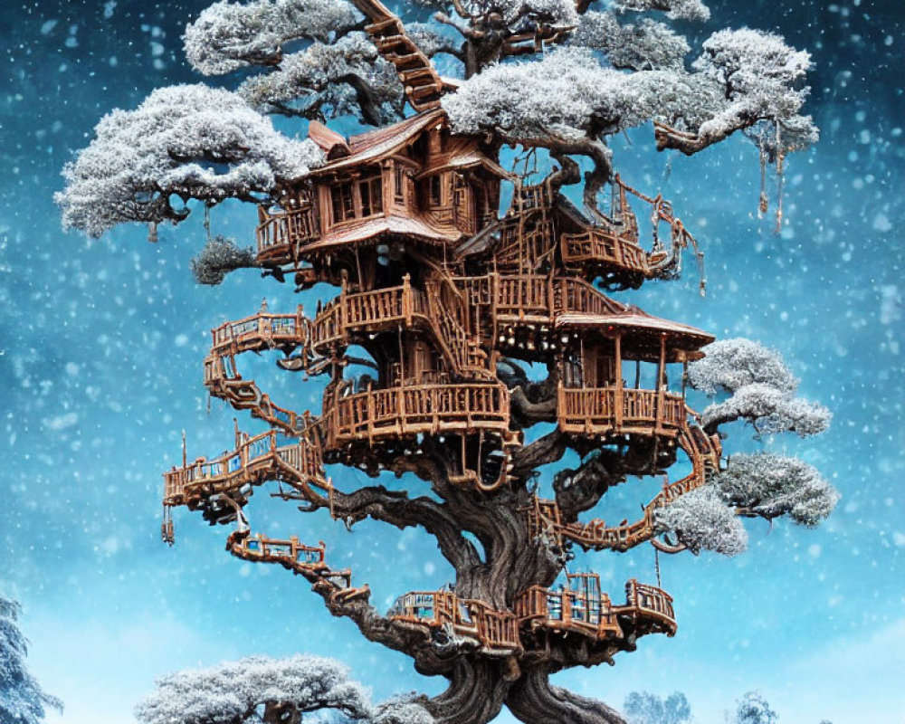 Snow-covered treehouse nestled in large tree under blue sky