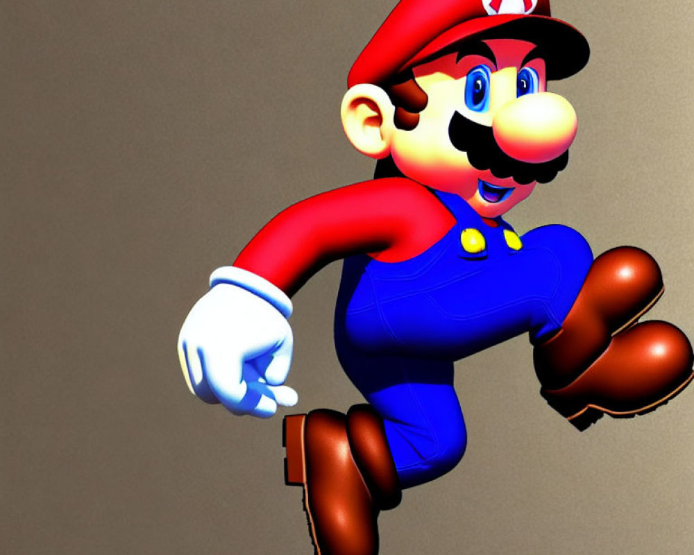 3D illustration of classic video game character mid-jump