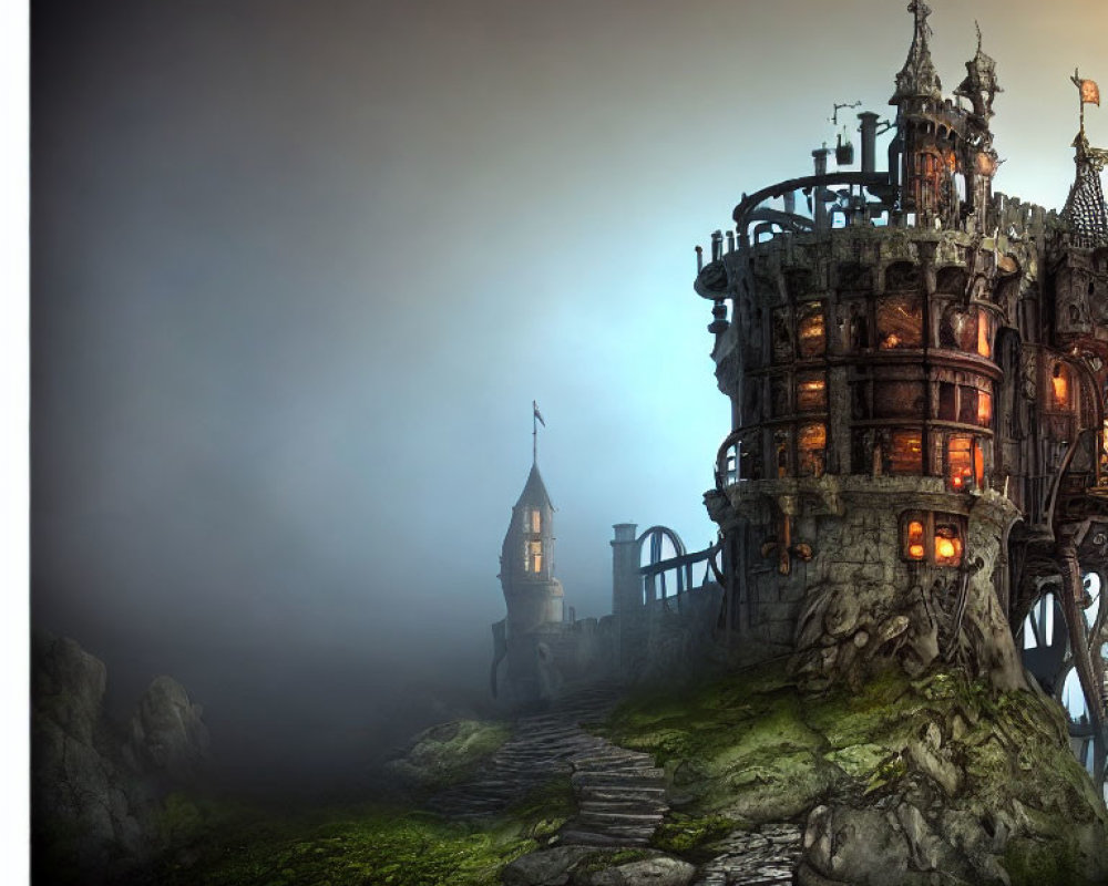 Mystical castle on rugged cliff with illuminated windows