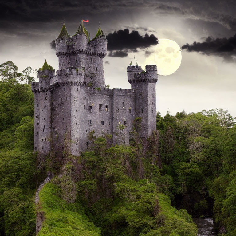 Stone castle with turrets in lush greenery under full moon.