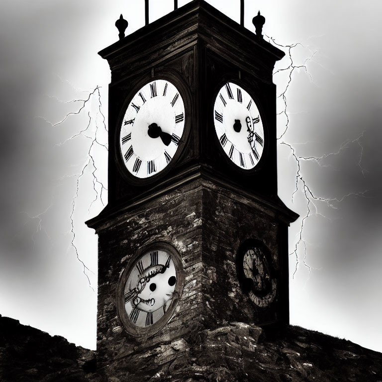 Monochrome image of old clock tower with four faces against stormy sky