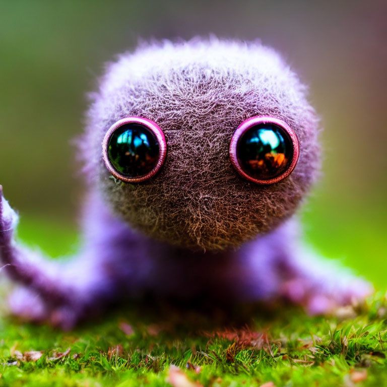 Purple plush toy with shiny eyes on mossy green surface