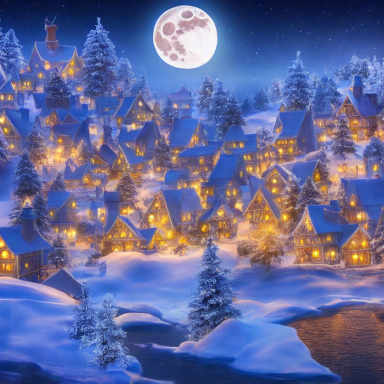 Snowy village night scene: lit houses, snow-covered trees, full moon.