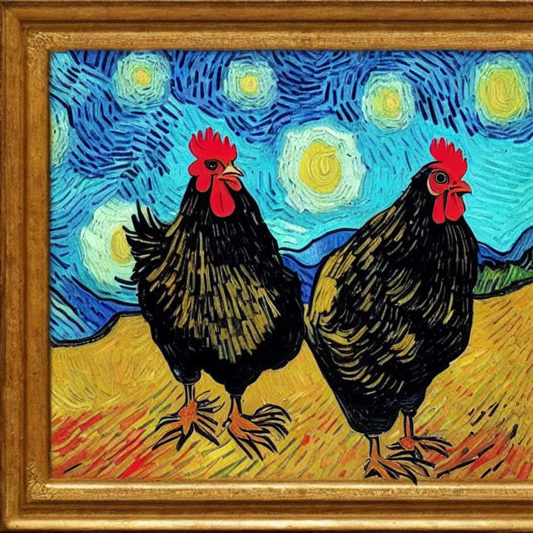 Whimsical painting of black roosters under starry night sky in wooden frame