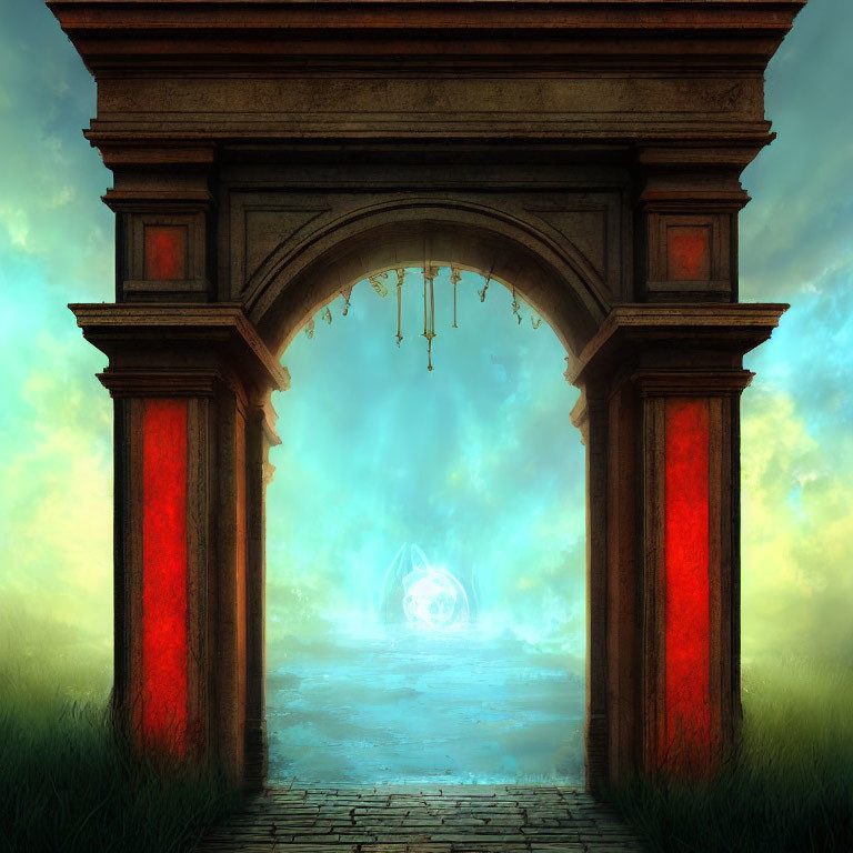 Mystical stone archway with glowing orb in supernatural setting