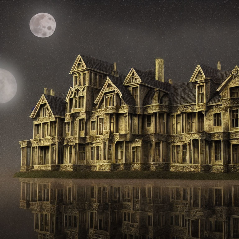 Eerie Victorian-style mansion at night with reflection on calm water under moonlit sky