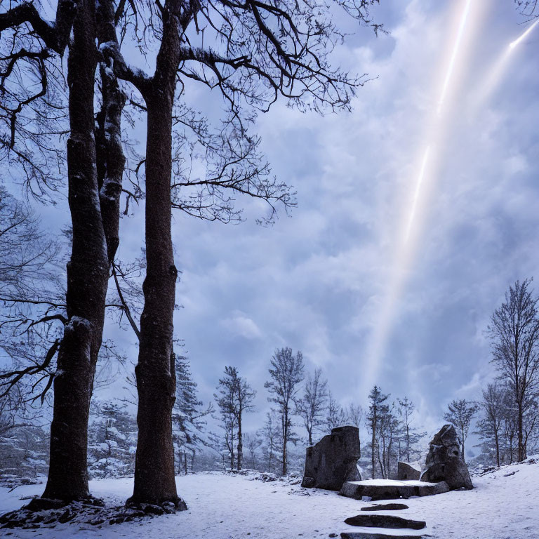 Winter landscape with snow, trees, rocks, and bright streak in cloudy sky