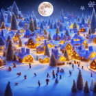 Snowy village night scene: lit houses, snow-covered trees, full moon.