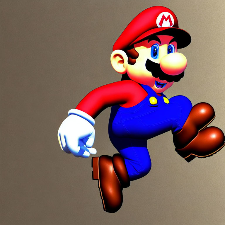 3D illustration of classic video game character mid-jump