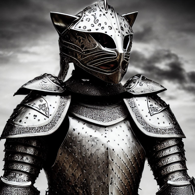 Detailed Metallic Armor with Feline Helmet Against Cloudy Sky