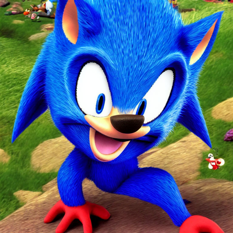 Blue animated character with pointy ears and big smile on grassy background