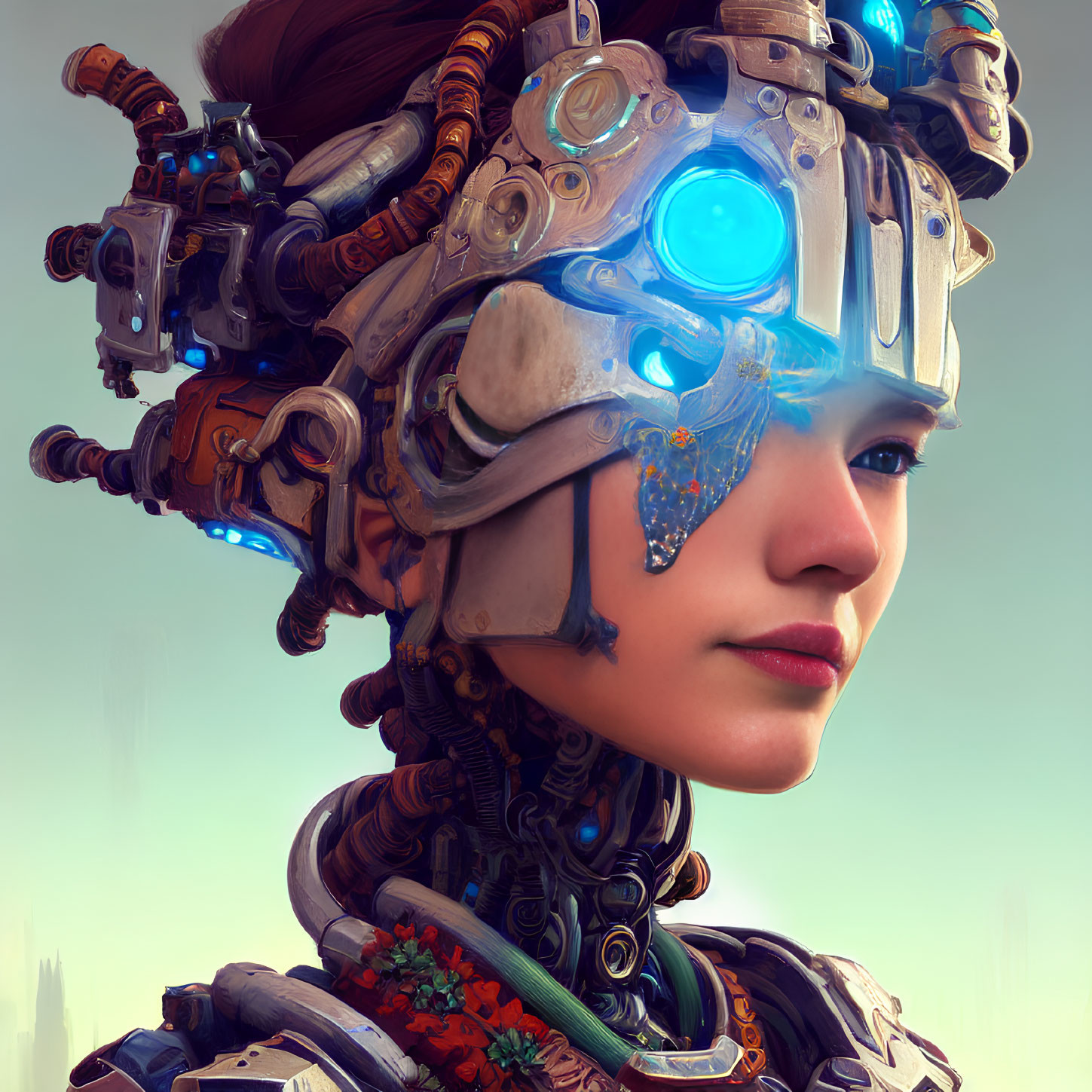 Detailed digital portrait of woman with cybernetic headpiece and glowing blue eye