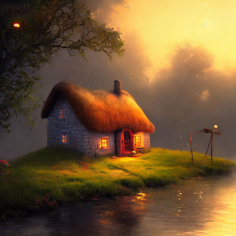 Thatched-Roof Cottage by Tranquil River at Dusk