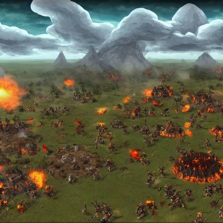 Fantasy battlefield with burning structures, troops, mountains in stormy sky