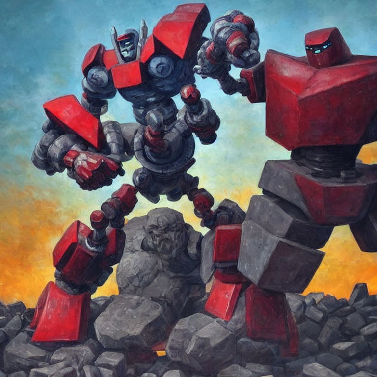 Red and Grey Robots in Dynamic Pose on Rocky Debris Under Cloudy Sky