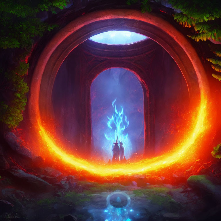 Mystical forest portal with fiery orange outline and blue flames